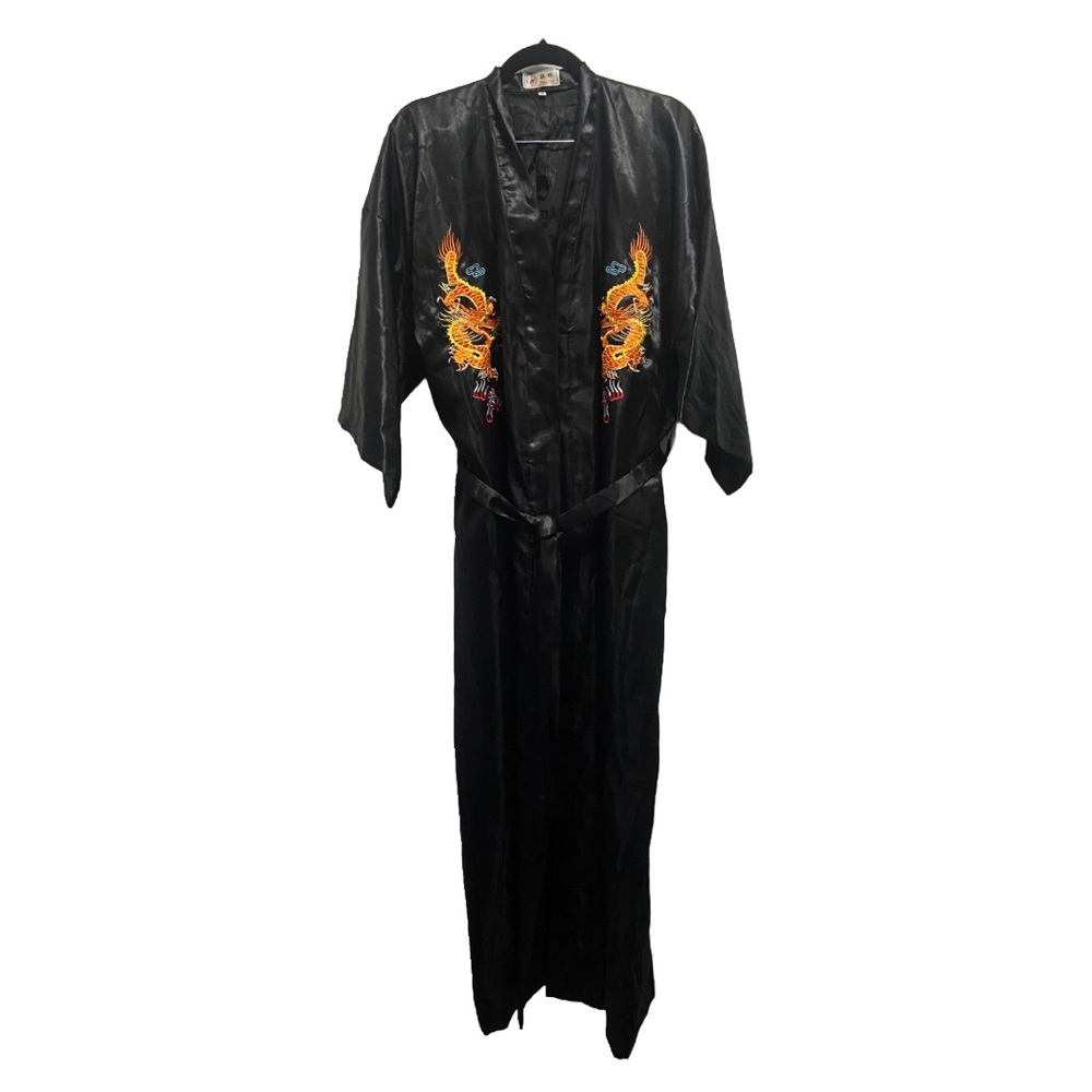 Black Satin Dragon Embroidered Long Kimono Robe - Women